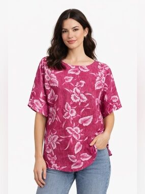 Vintage 90s Floral Blouse Pink Retro Hawaiian Top Side Slit Casual Women’s L